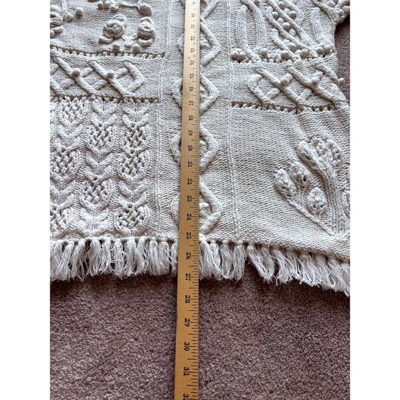 Vintage M Cableknit Sweater Coastal 90’s Cotton Bobble Fringe Cottage Fisherman - Picture 3 of 5